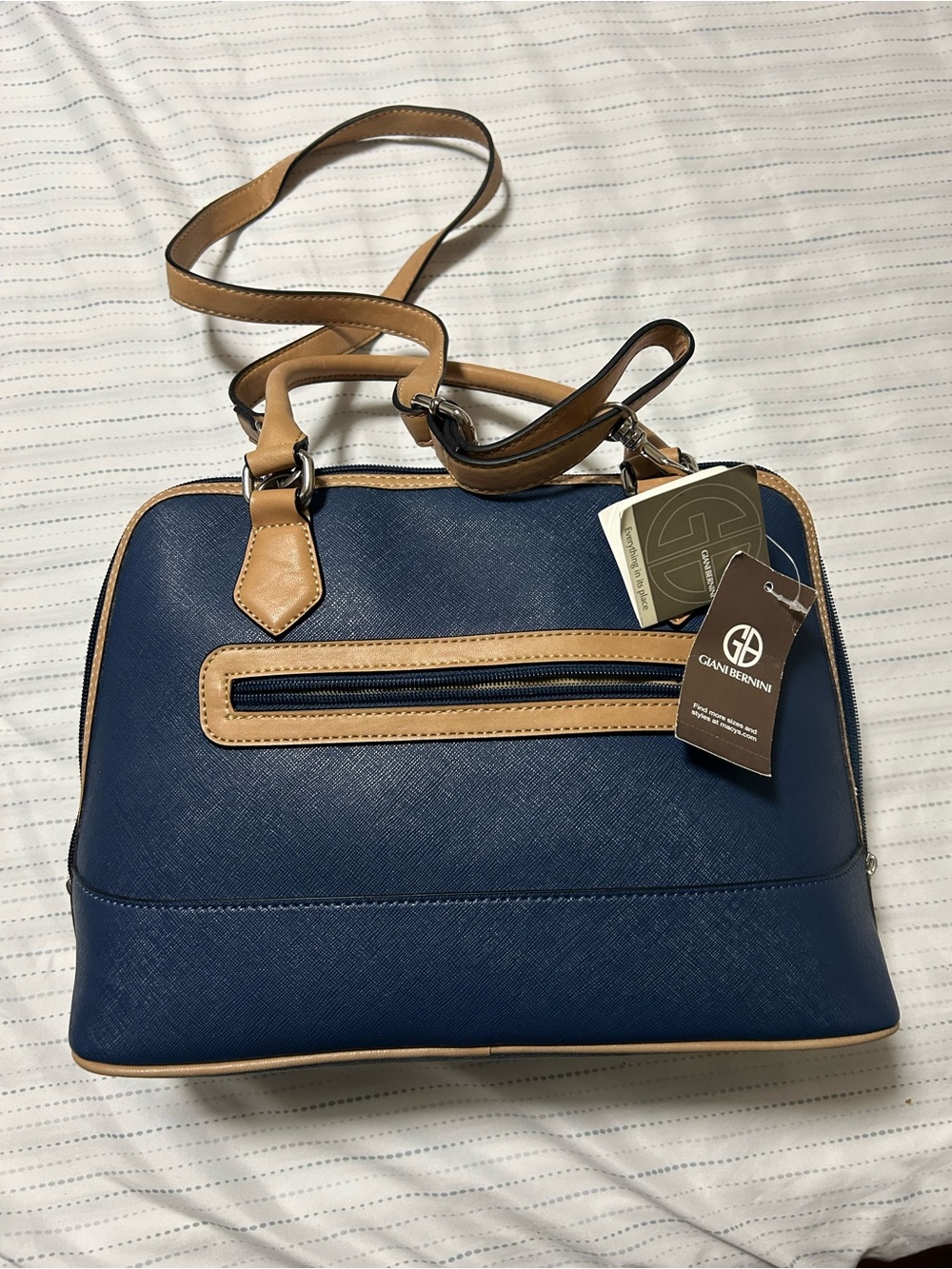 Giani Bernini Navy and Tan Dome Satchel with Crossbody Strap